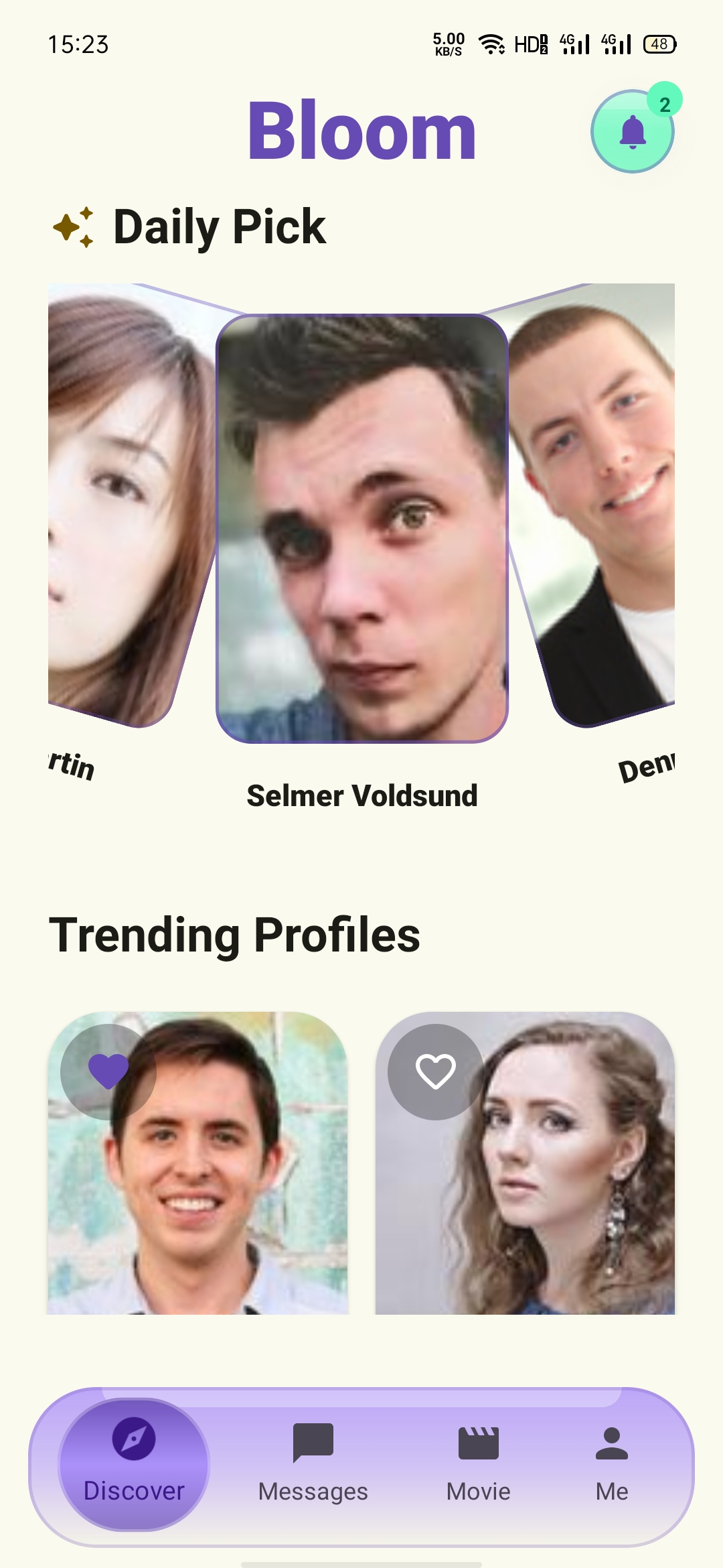 Viora discovery screen with daily pick and trending profiles