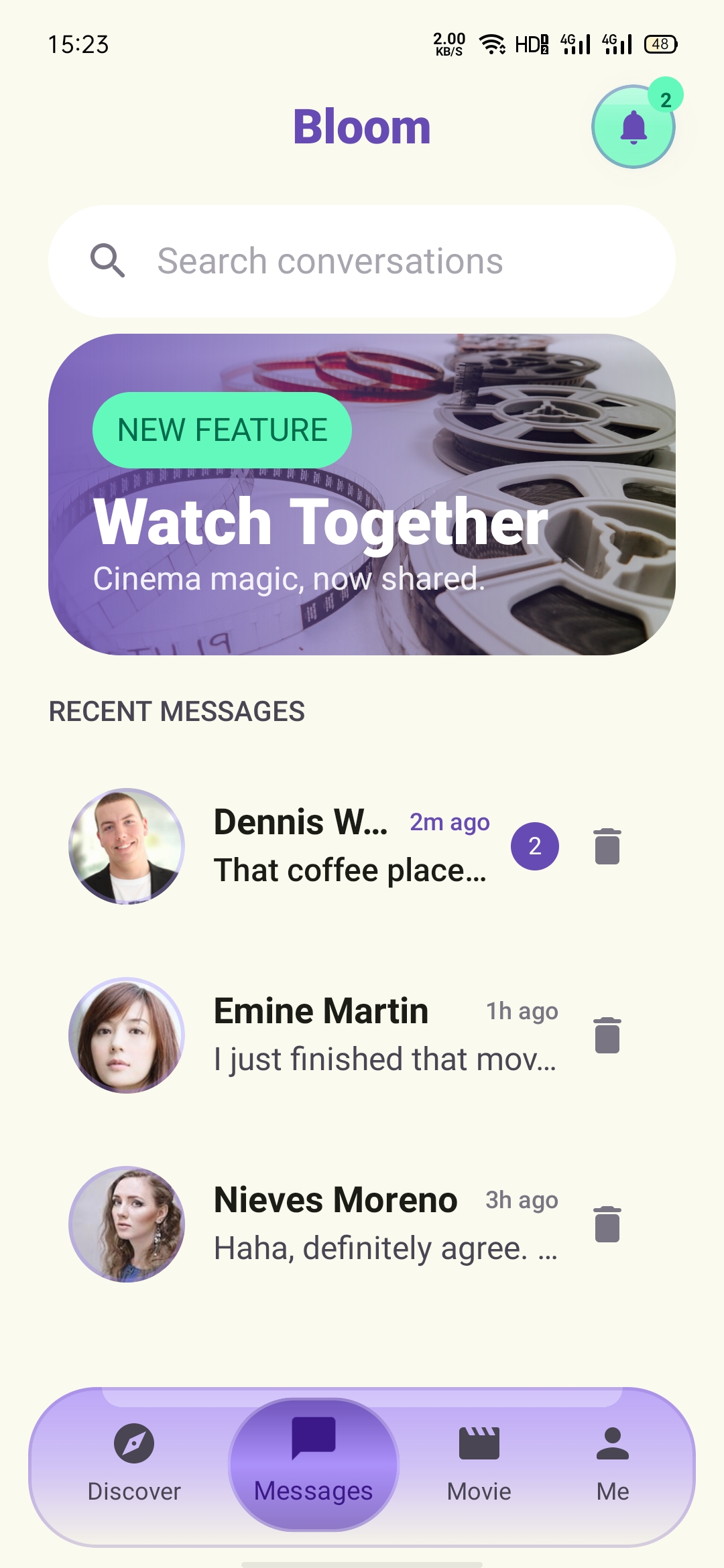 Viora message list with watch together feature card